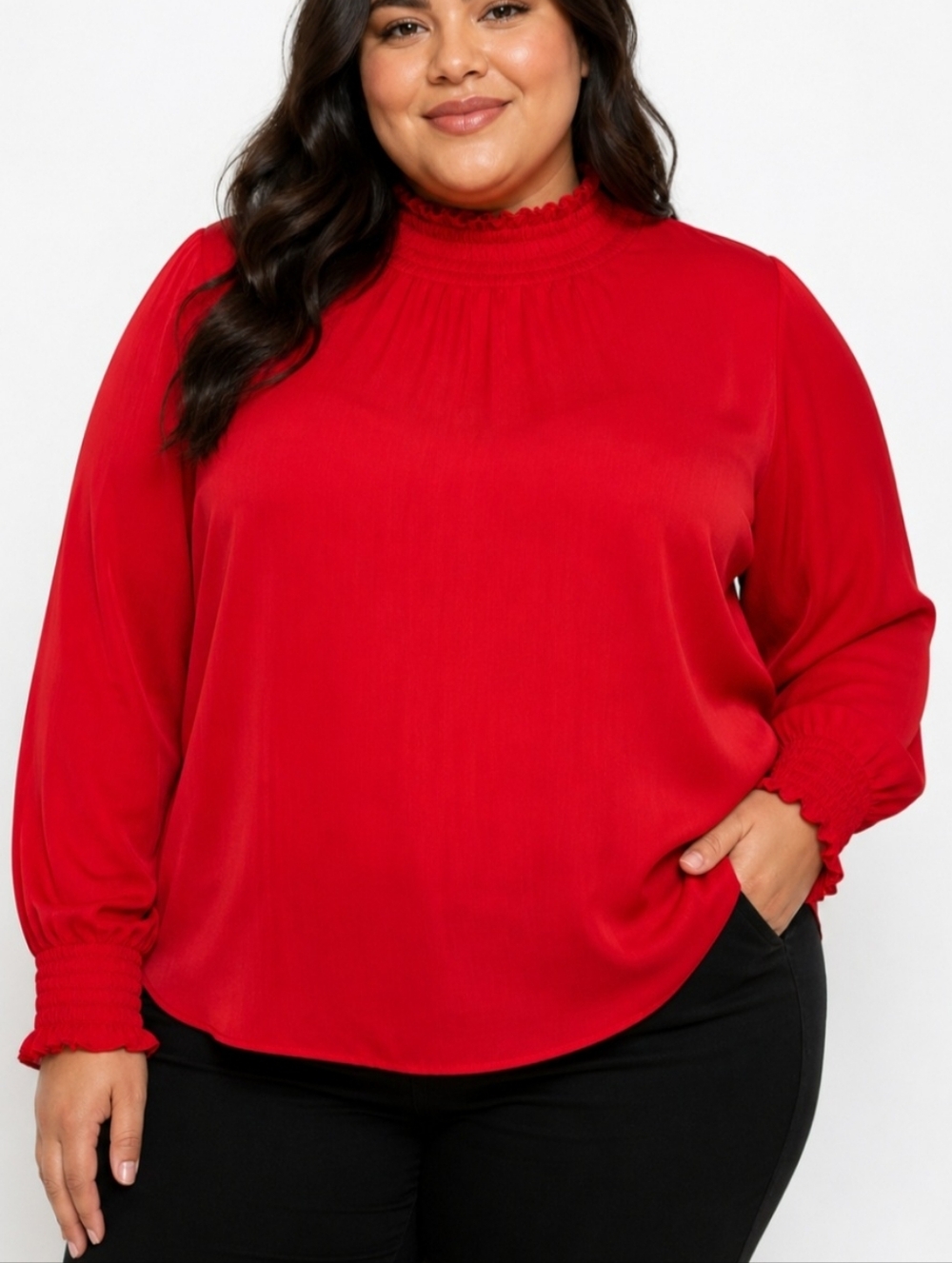 Red Plus-size Ruffled High-neck Long Sleeve Blouse